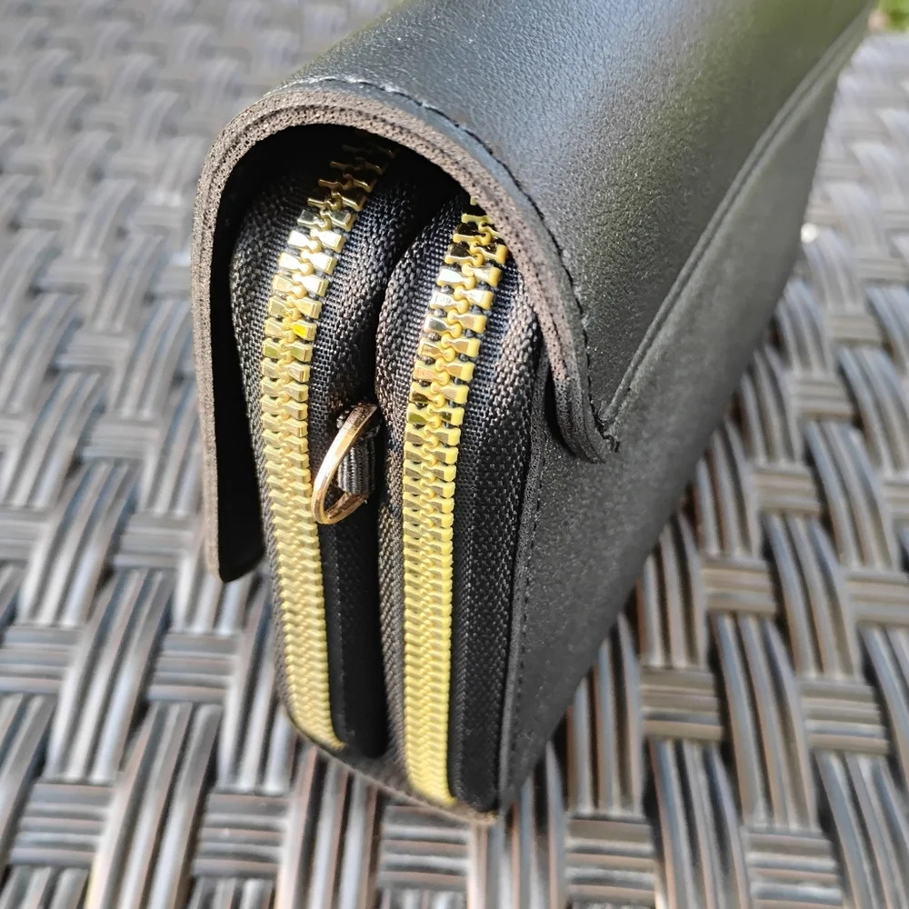Forever Lovely Large Black Vegan Leather Wallet Clutch Gold Accents By Madley